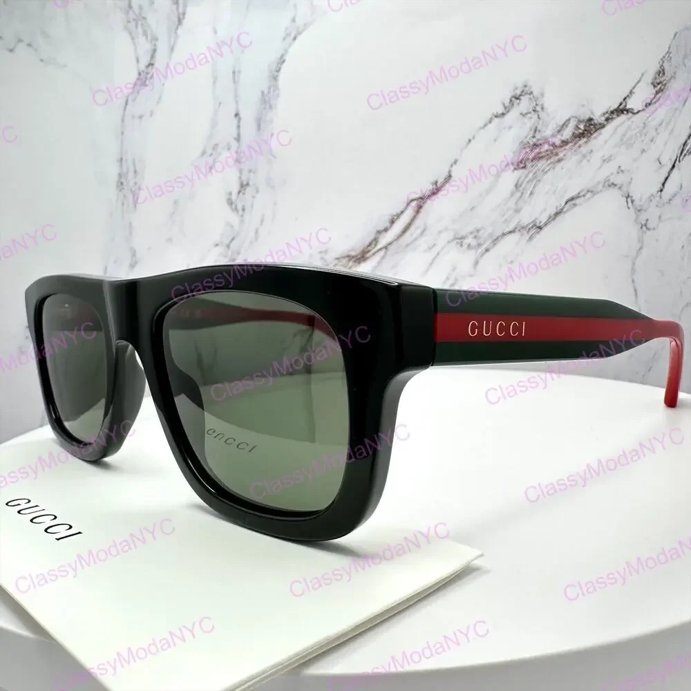 New GUCCI Sunglasses Mens 52mm Black Square Rectangle Aviator Red Green Web Arm